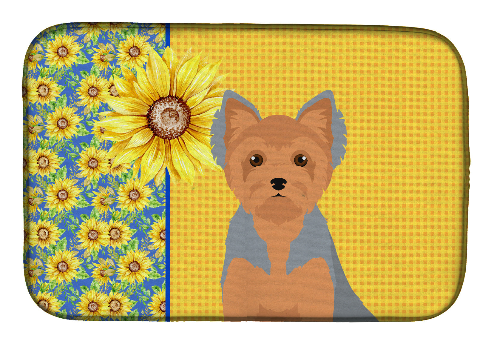 Summer Sunflowers Blue and Tan Puppy Cut Yorkshire Terrier Dish Drying Mat Absorbent Dish Drying Mat Pad for Kitchen Counter Dish Drainer Mat for Countertop, 14 x 21", Multicolor