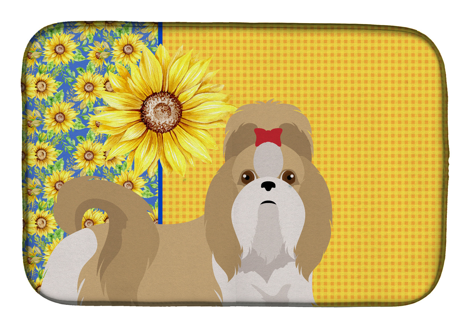 Summer Sunflowers Gold and White Shih Tzu Dish Drying Mat Absorbent Dish Drying Mat Pad for Kitchen Counter Dish Drainer Mat for Countertop, 14 x 21", Multicolor