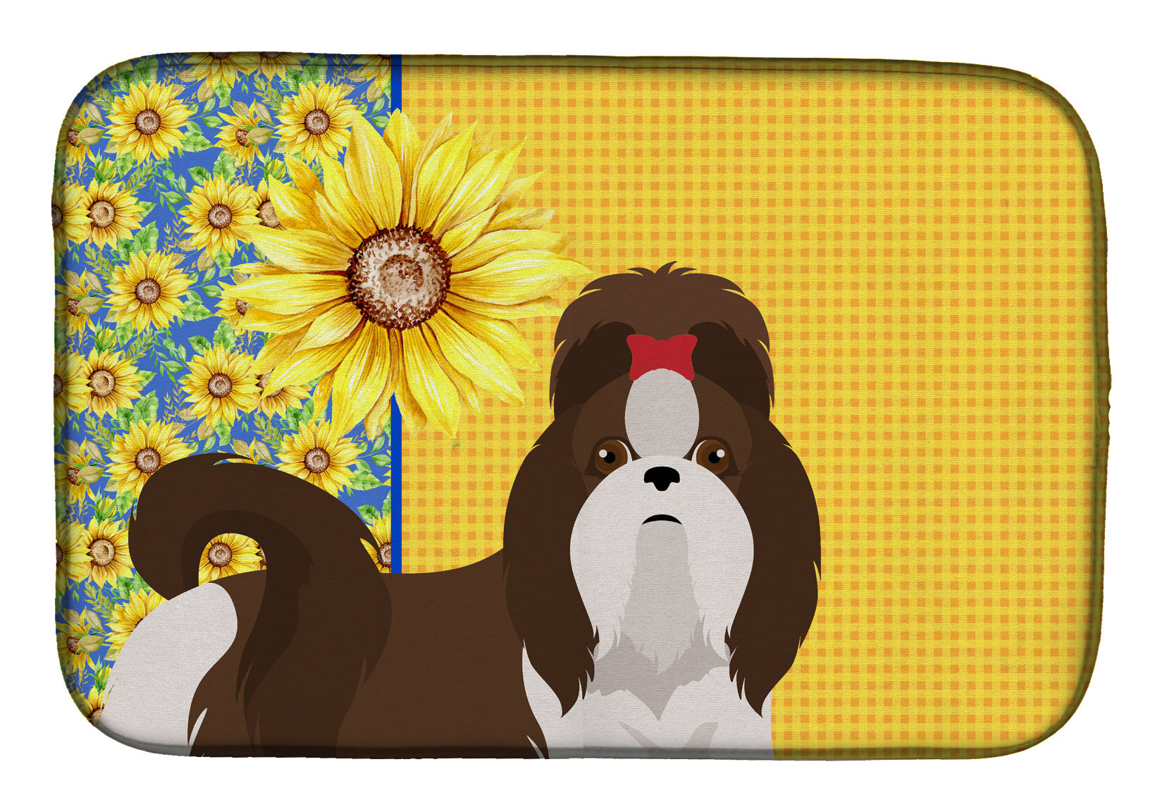 Summer Sunflowers Liver and White Shih Tzu Dish Drying Mat Absorbent Dish Drying Mat Pad for Kitchen Counter Dish Drainer Mat for Countertop, 14 x 21", Multicolor