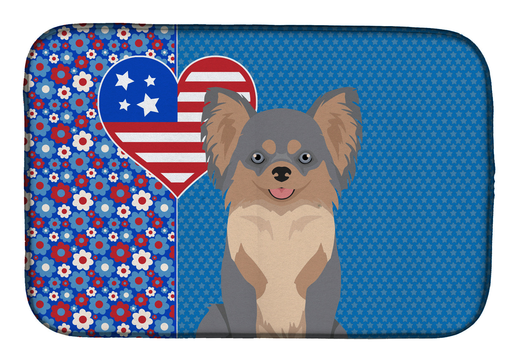 Longhaired Blue and Tan Chihuahua USA American Dish Drying Mat Absorbent Dish Drying Mat Pad for Kitchen Counter Dish Drainer Mat for Countertop, 14 x 21", Multicolor