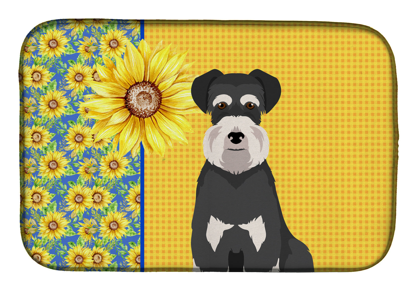 Summer Sunflowers Black and Silver Natural Ears Schnauzer Dish Drying Mat Absorbent Dish Drying Mat Pad for Kitchen Counter Dish Drainer Mat for Countertop, 14 x 21", Multicolor