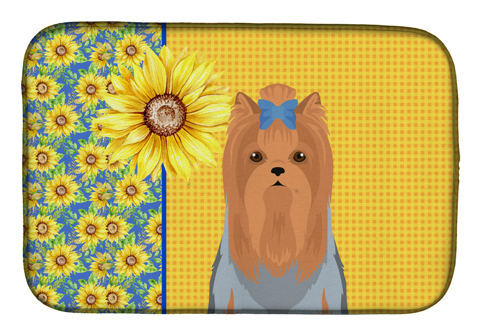 Summer Sunflowers Blue and Tan Full Coat Yorkshire Terrier Dish Drying Mat Absorbent Dish Drying Mat Pad for Kitchen Counter Dish Drainer Mat for Countertop, 14 x 21", Multicolor