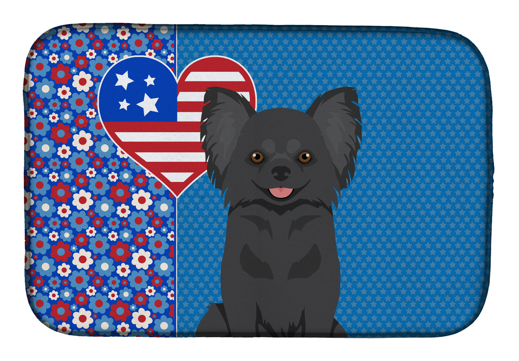 Longhaired Black Chihuahua USA American Dish Drying Mat Absorbent Dish Drying Mat Pad for Kitchen Counter Dish Drainer Mat for Countertop, 14 x 21", Multicolor