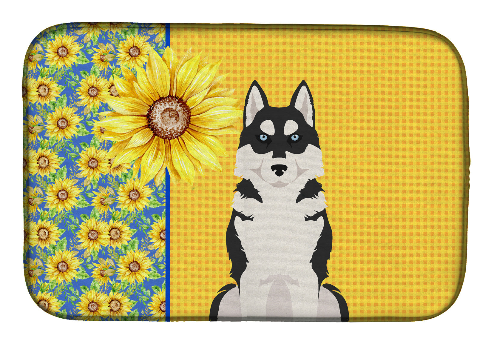 Summer Sunflowers Black Siberian Husky Dish Drying Mat Absorbent Dish Drying Mat Pad for Kitchen Counter Dish Drainer Mat for Countertop, 14 x 21", Multicolor