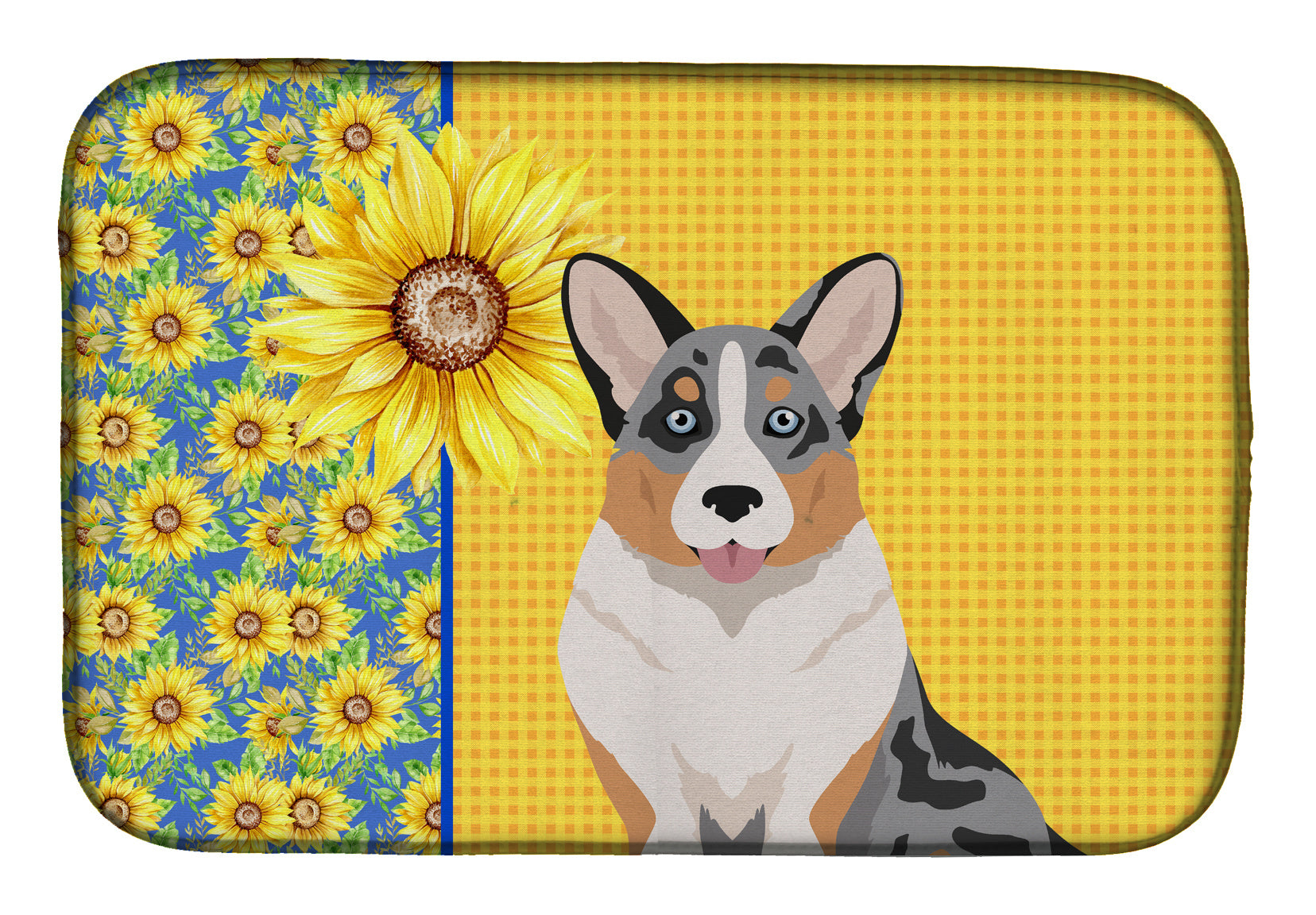 Summer Sunflowers Blue Merle Cardigan Corgi Dish Drying Mat Absorbent Dish Drying Mat Pad for Kitchen Counter Dish Drainer Mat for Countertop, 14 x 21", Multicolor