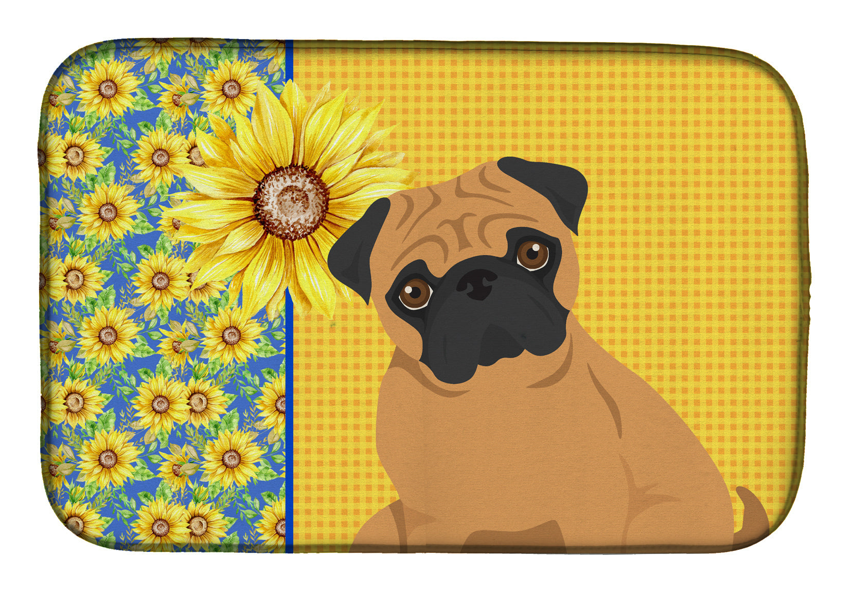 Summer Sunflowers Apricot Pug Dish Drying Mat Absorbent Dish Drying Mat Pad for Kitchen Counter Dish Drainer Mat for Countertop, 14 x 21", Multicolor