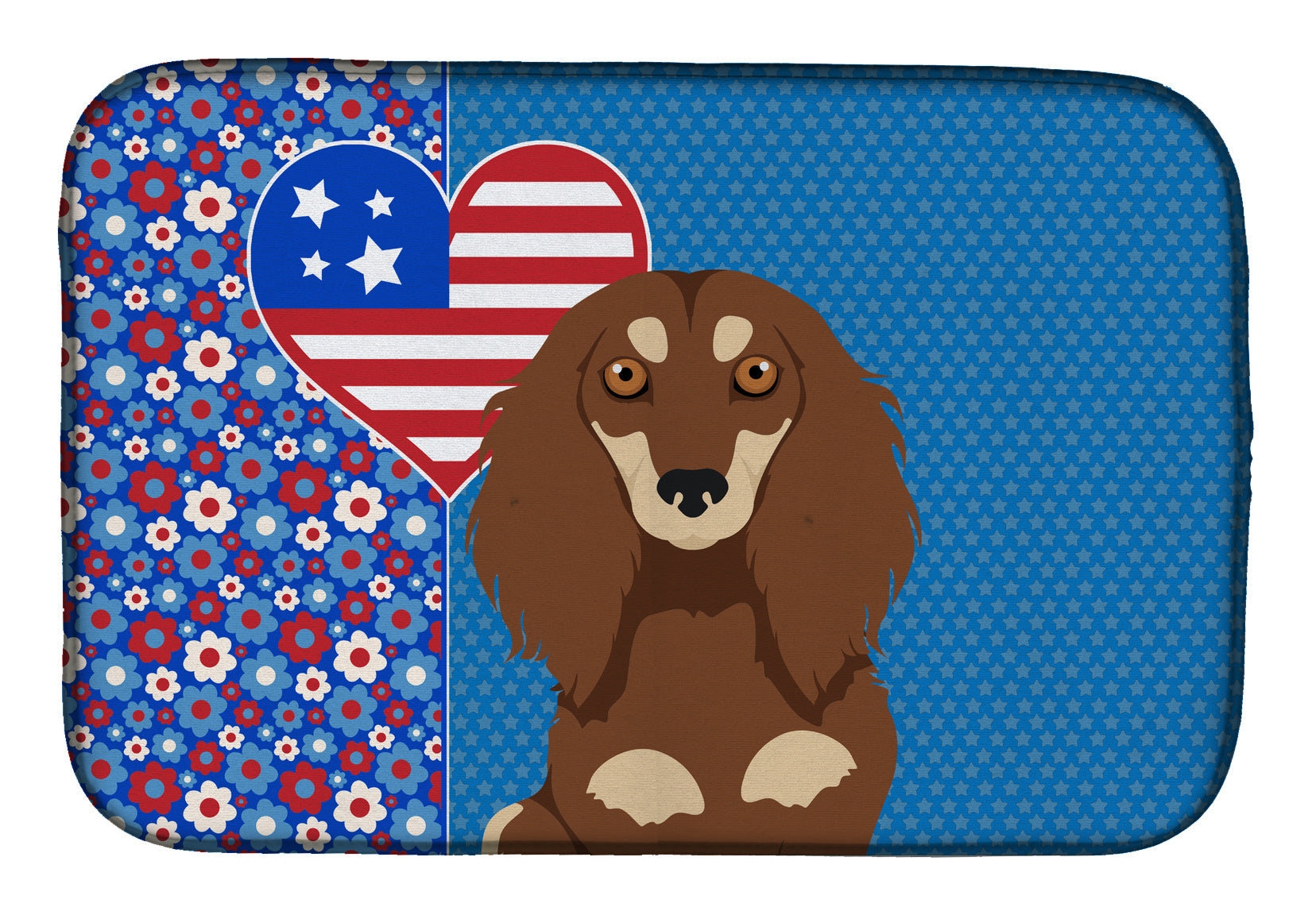 Longhair Chocolate and Cream Dachshund USA American Dish Drying Mat Absorbent Dish Drying Mat Pad for Kitchen Counter Dish Drainer Mat for Countertop, 14 x 21", Multicolor