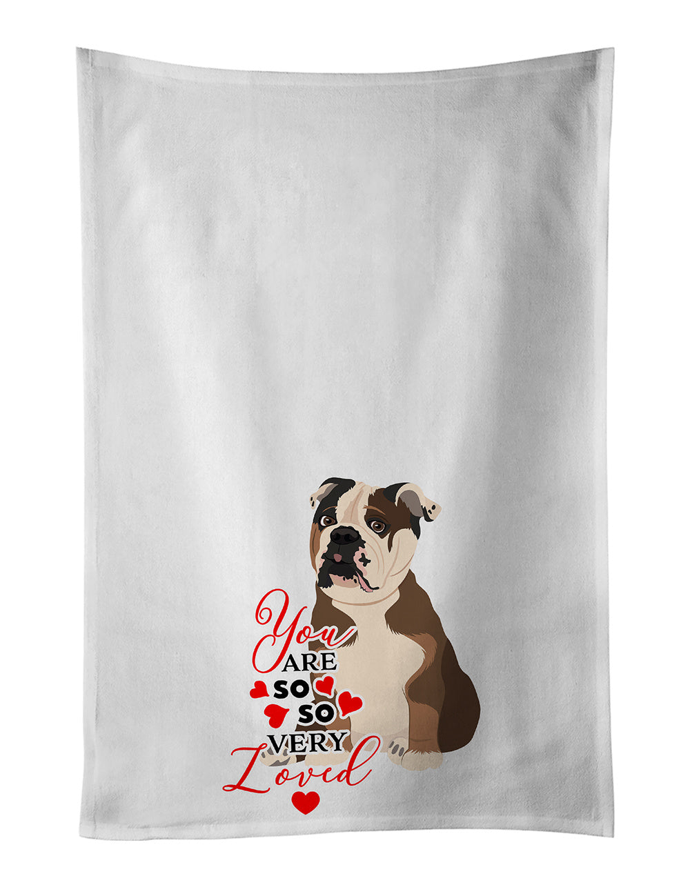 NEW English Bulldog Chocolate Tan so Loved Kitchen Towel Set of 2 White Dish Towels Decorative Bathroom Hand towel for Hand, Face, Hair, Yoga, Tea, Dishcloth, 19 X 28", White