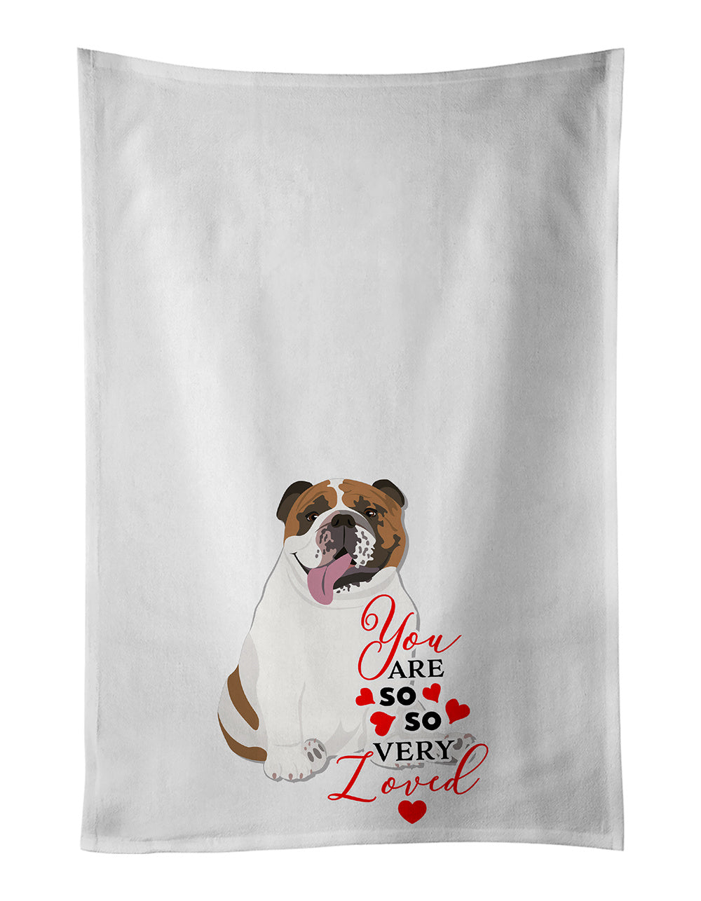 NEW English Bulldog Tricolor #1 so Loved Kitchen Towel Set of 2 White Dish Towels Decorative Bathroom Hand towel for Hand, Face, Hair, Yoga, Tea, Dishcloth, 19 X 28", White