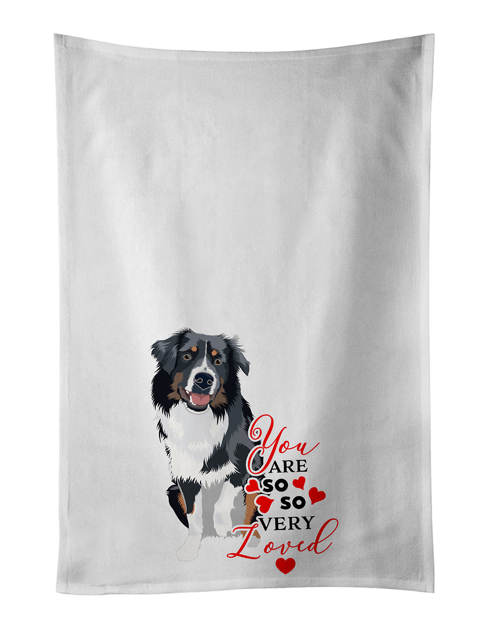 NEW Australian Shepherd Black Tricolor #1 so Loved Kitchen Towel Set of 2 White Dish Towels Decorative Bathroom Hand towel for Hand, Face, Hair, Yoga, Tea, Dishcloth, 19 X 28", White