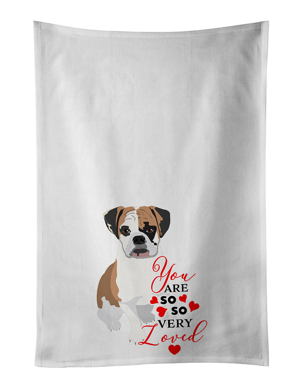 English Bulldog Tricolor #2 so Loved Kitchen Towel Set of 2 White Dish Towels Decorative Bathroom Hand towel for Hand, Face, Hair, Yoga, Tea, Dishcloth, 19 X 28", White