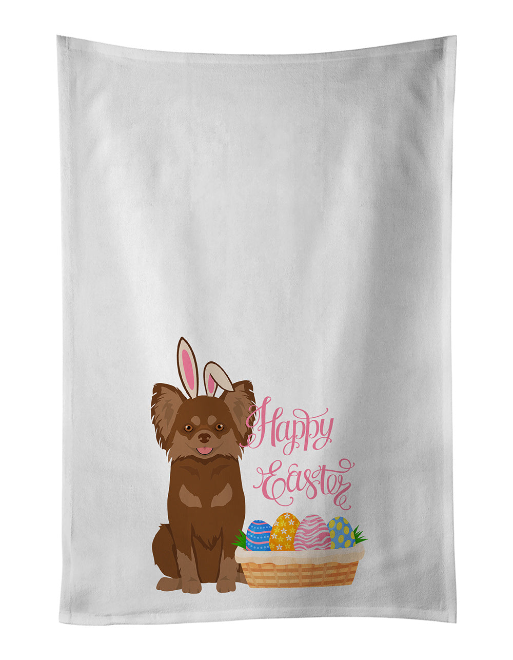 NEW Longhaired Chocolate and Tan Chihuahua Easter Kitchen Towel Set of 2 White Dish Towels Decorative Bathroom Hand towel for Hand, Face, Hair, Yoga, Tea, Dishcloth, 19 X 28", White