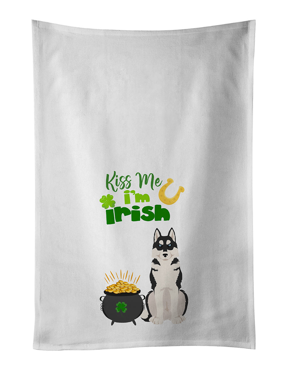 NEW Black Siberian Husky St. Patrick's Day Kitchen Towel Set of 2 White Dish Towels Decorative Bathroom Hand towel for Hand, Face, Hair, Yoga, Tea, Dishcloth, 19 X 28", White