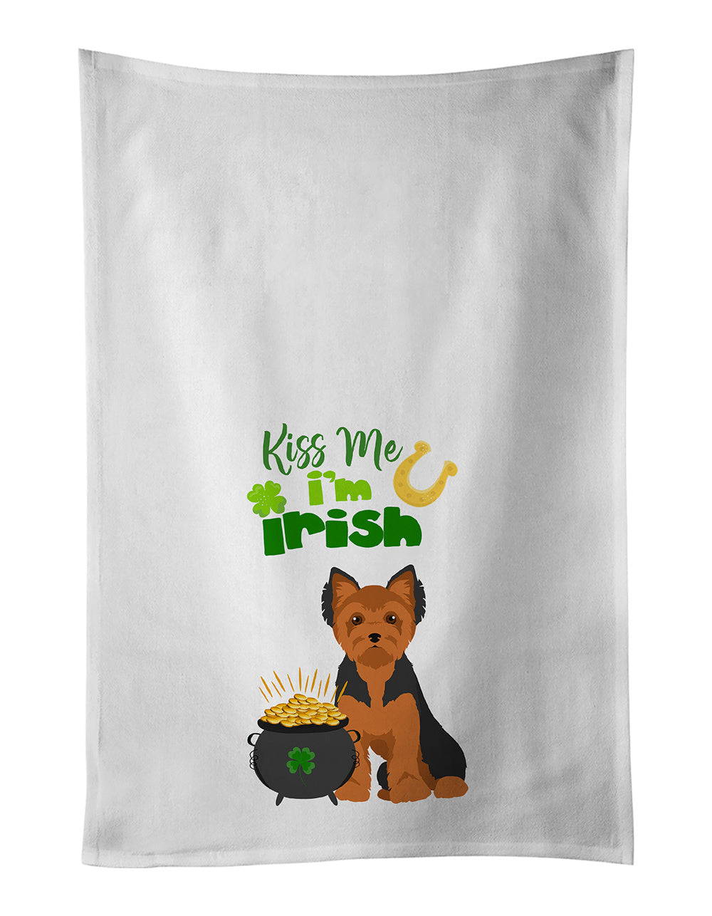 NEW Black and Tan Puppy Cut Yorkshire Terrier St. Patrick's Day Kitchen Towel Set of 2 White Dish Towels Decorative Bathroom Hand towel for Hand, Face, Hair, Yoga, Tea, Dishcloth, 19 X 28", White