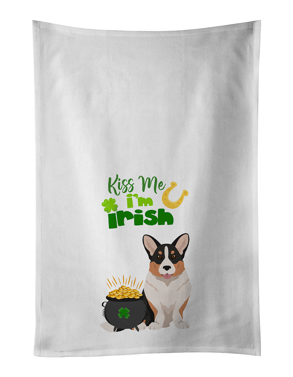 NEW Tricolor Cardigan Corgi St. Patrick's Day Kitchen Towel Set of 2 White Dish Towels Decorative Bathroom Hand towel for Hand, Face, Hair, Yoga, Tea, Dishcloth, 19 X 28", White