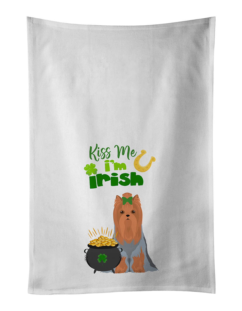 NEW Blue and Tan Full Coat Yorkshire Terrier St. Patrick's Day Kitchen Towel Set of 2 White Dish Towels Decorative Bathroom Hand towel for Hand, Face, Hair, Yoga, Tea, Dishcloth, 19 X 28", White