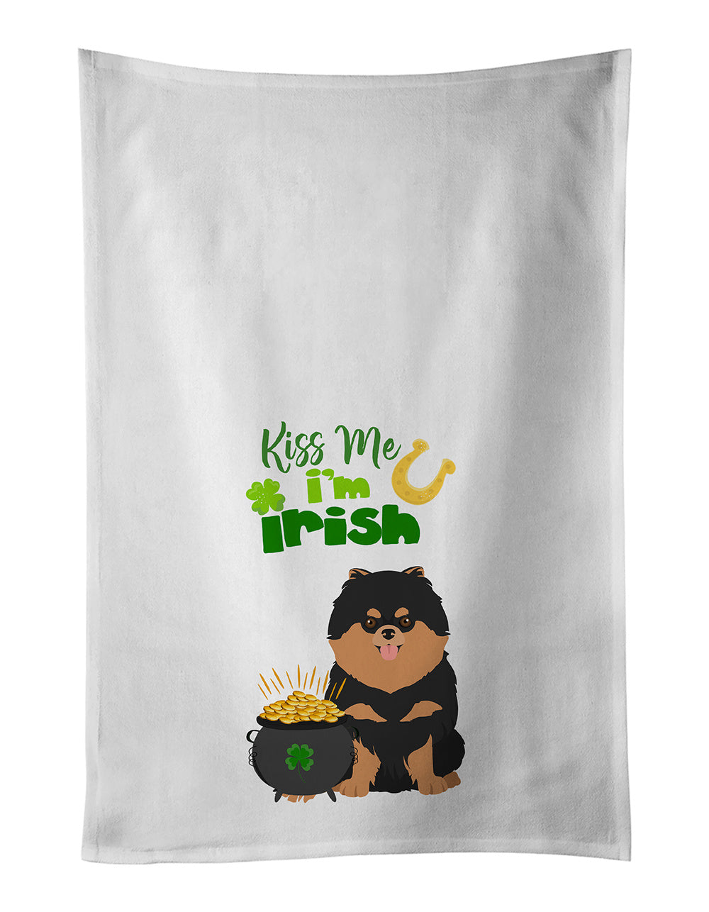 NEW Black and Tan Pomeranian St. Patrick's Day Kitchen Towel Set of 2 White Dish Towels Decorative Bathroom Hand towel for Hand, Face, Hair, Yoga, Tea, Dishcloth, 19 X 28", White