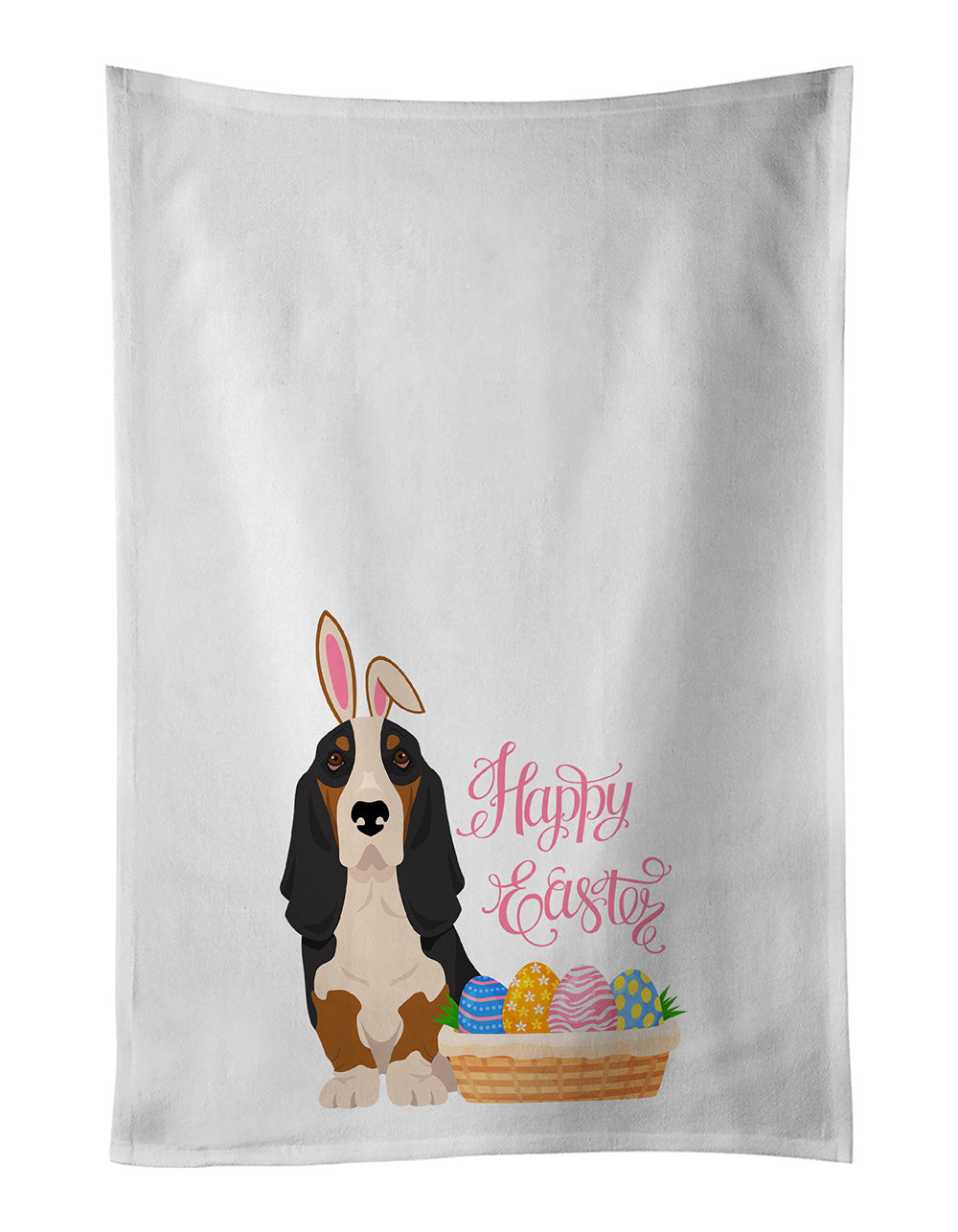 NEW Black Tricolor Basset Hound Easter Kitchen Towel Set of 2 White Dish Towels Decorative Bathroom Hand towel for Hand, Face, Hair, Yoga, Tea, Dishcloth, 19 X 28", White