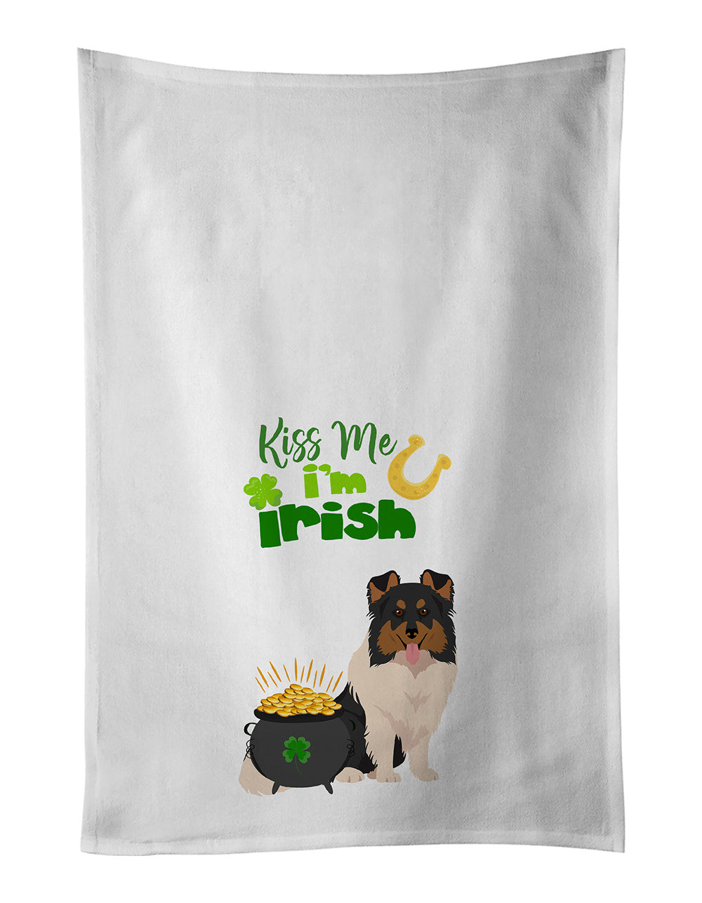 NEW Tricolor Sheltie St. Patrick's Day Kitchen Towel Set of 2 White Dish Towels Decorative Bathroom Hand towel for Hand, Face, Hair, Yoga, Tea, Dishcloth, 19 X 28", White