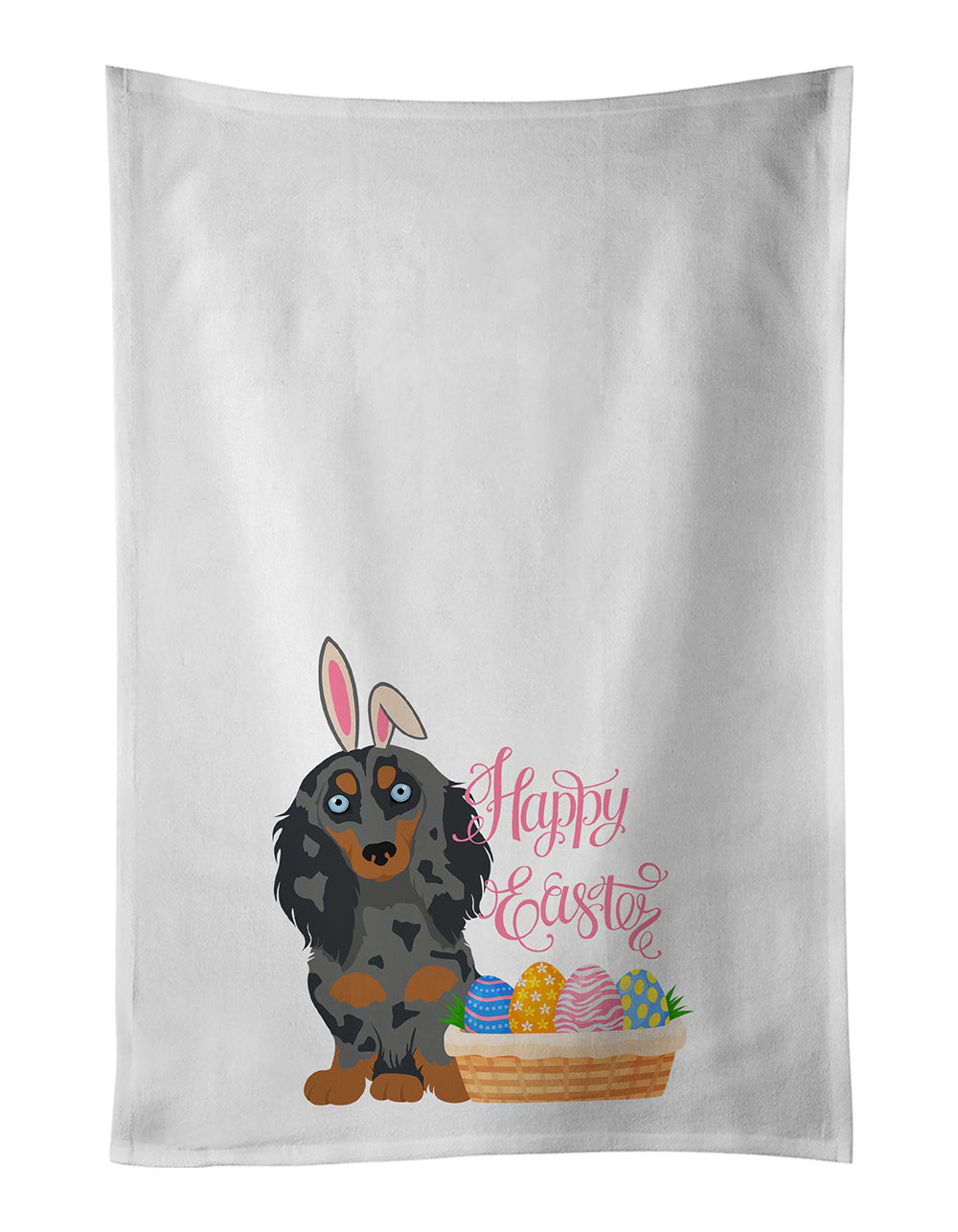 NEW Longhair Blue and Tan Dapple Dachshund Easter Kitchen Towel Set of 2 White Dish Towels Decorative Bathroom Hand towel for Hand, Face, Hair, Yoga, Tea, Dishcloth, 19 X 28", White