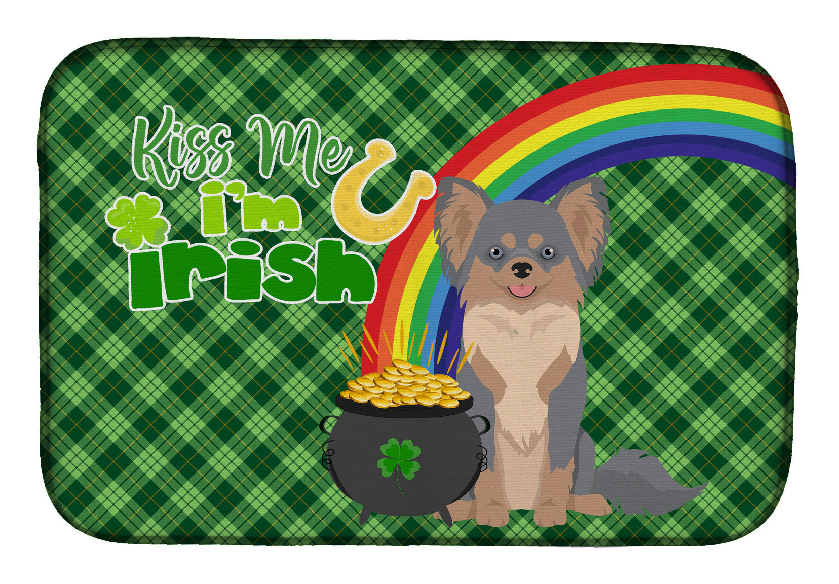 NEW Longhaired Blue and Tan Chihuahua St. Patrick's Day Dish Drying Mat Absorbent Dish Drying Mat Pad for Kitchen Counter Dish Drainer Mat for Countertop, 14 x 21", Multicolor