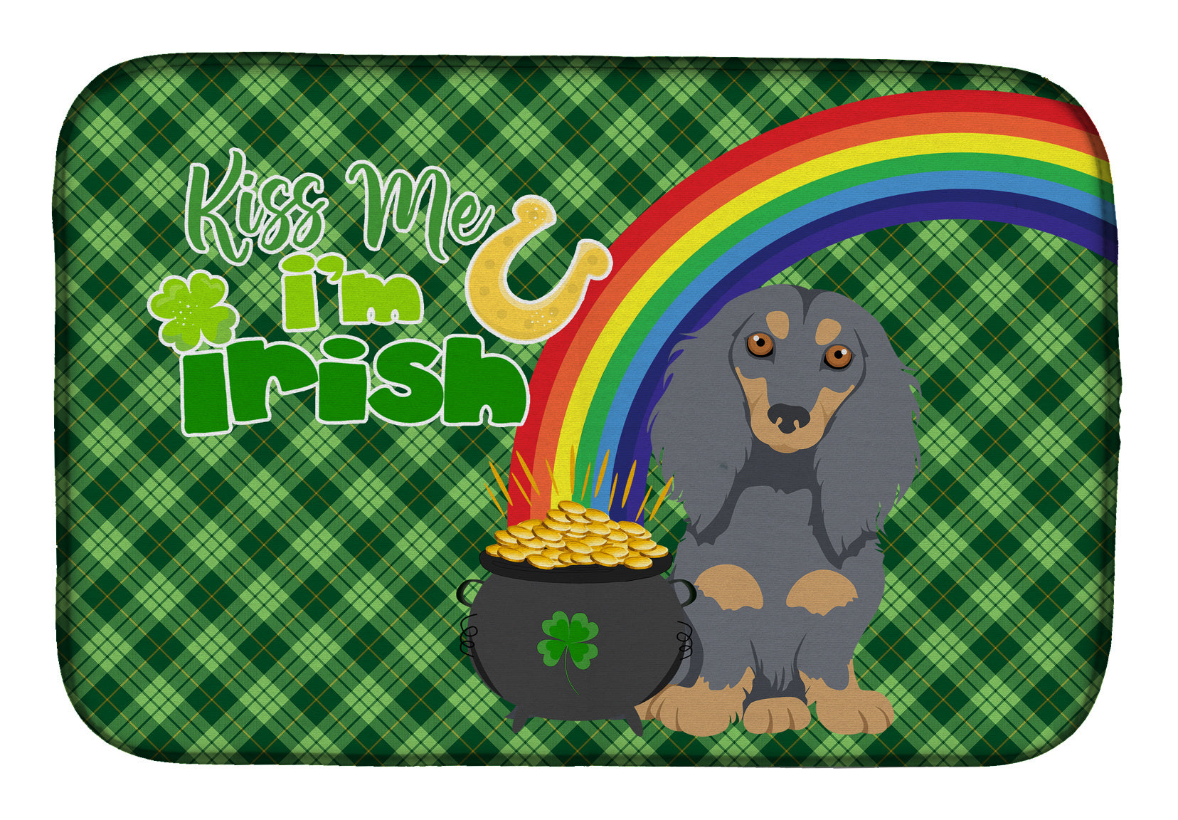 NEW Longhair Blue and Tan Dachshund St. Patrick's Day Dish Drying Mat Absorbent Dish Drying Mat Pad for Kitchen Counter Dish Drainer Mat for Countertop, 14 x 21", Multicolor