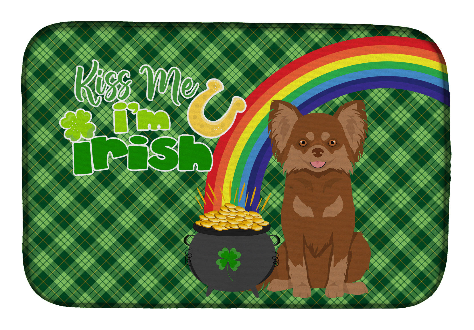 NEW Longhaired Chocolate and Tan Chihuahua St. Patrick's Day Dish Drying Mat Absorbent Dish Drying Mat Pad for Kitchen Counter Dish Drainer Mat for Countertop, 14 x 21", Multicolor