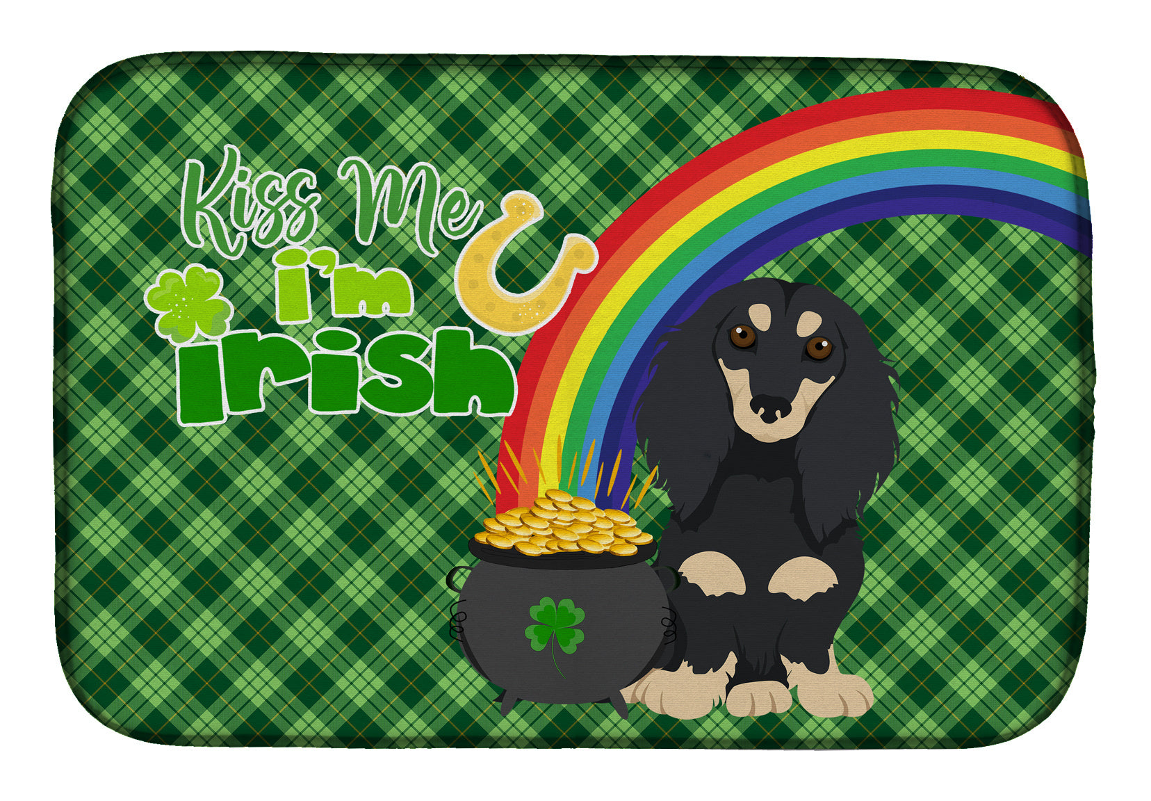 NEW Longhair Black and Cream Dachshund St. Patrick's Day Dish Drying Mat Absorbent Dish Drying Mat Pad for Kitchen Counter Dish Drainer Mat for Countertop, 14 x 21", Multicolor