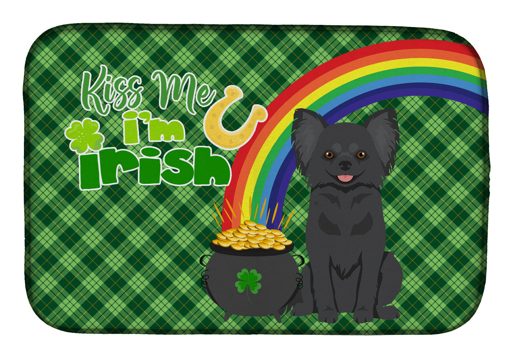 NEW Longhaired Black Chihuahua St. Patrick's Day Dish Drying Mat Absorbent Dish Drying Mat Pad for Kitchen Counter Dish Drainer Mat for Countertop, 14 x 21", Multicolor