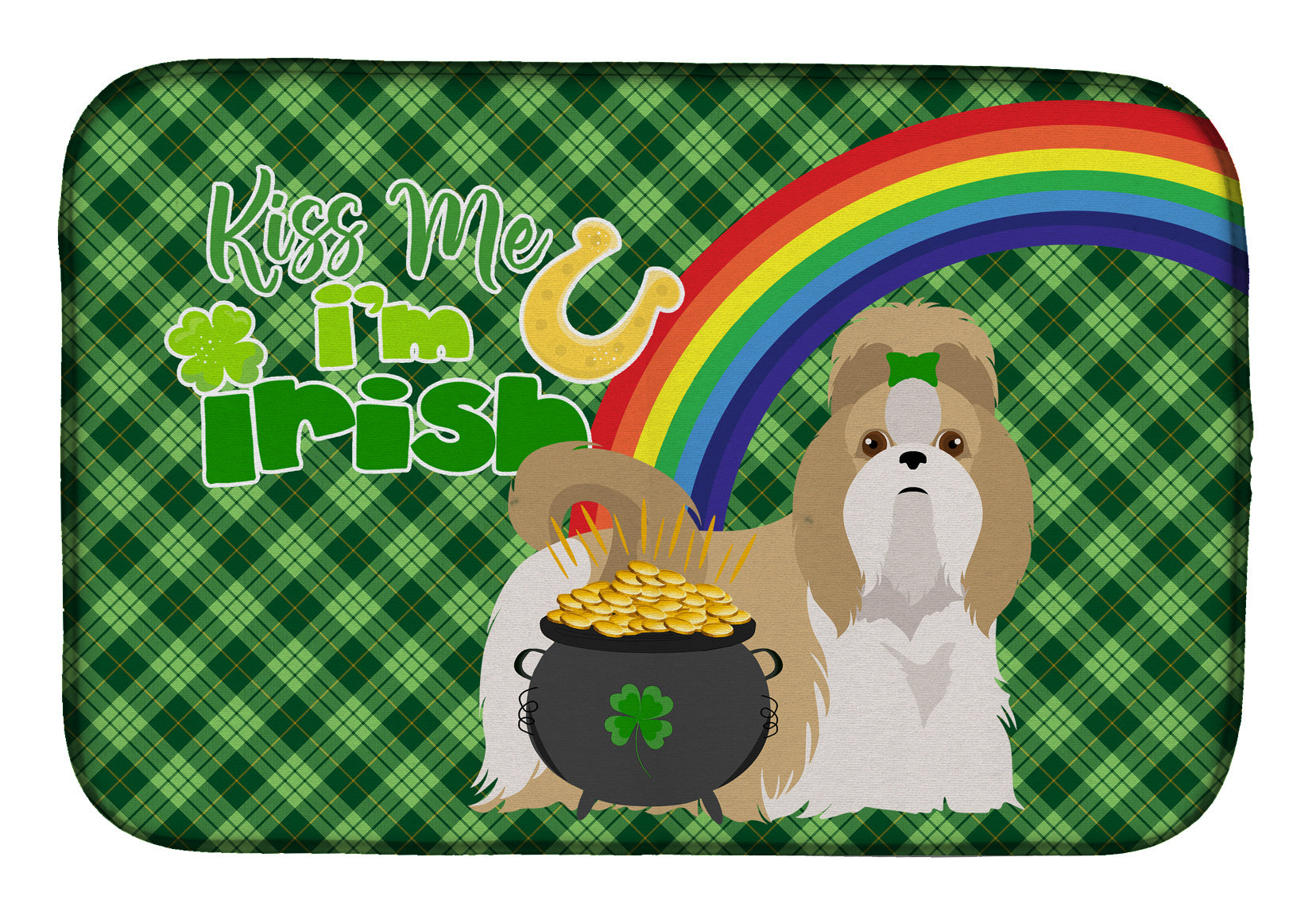 NEW Gold and White Shih Tzu St. Patrick's Day Dish Drying Mat Absorbent Dish Drying Mat Pad for Kitchen Counter Dish Drainer Mat for Countertop, 14 x 21", Multicolor