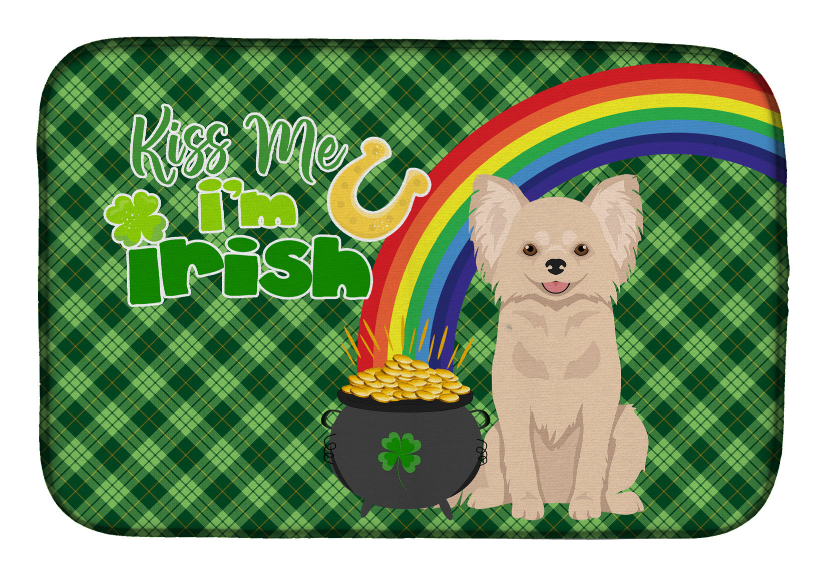 NEW Longhaired Cream Chihuahua St. Patrick's Day Dish Drying Mat Absorbent Dish Drying Mat Pad for Kitchen Counter Dish Drainer Mat for Countertop, 14 x 21", Multicolor