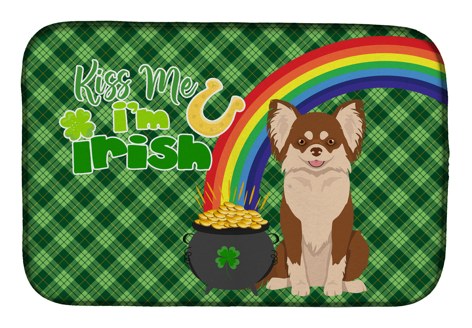 NEW Longhaired Chocolate and White Chihuahua St. Patrick's Day Dish Drying Mat Absorbent Dish Drying Mat Pad for Kitchen Counter Dish Drainer Mat for Countertop, 14 x 21", Multicolor