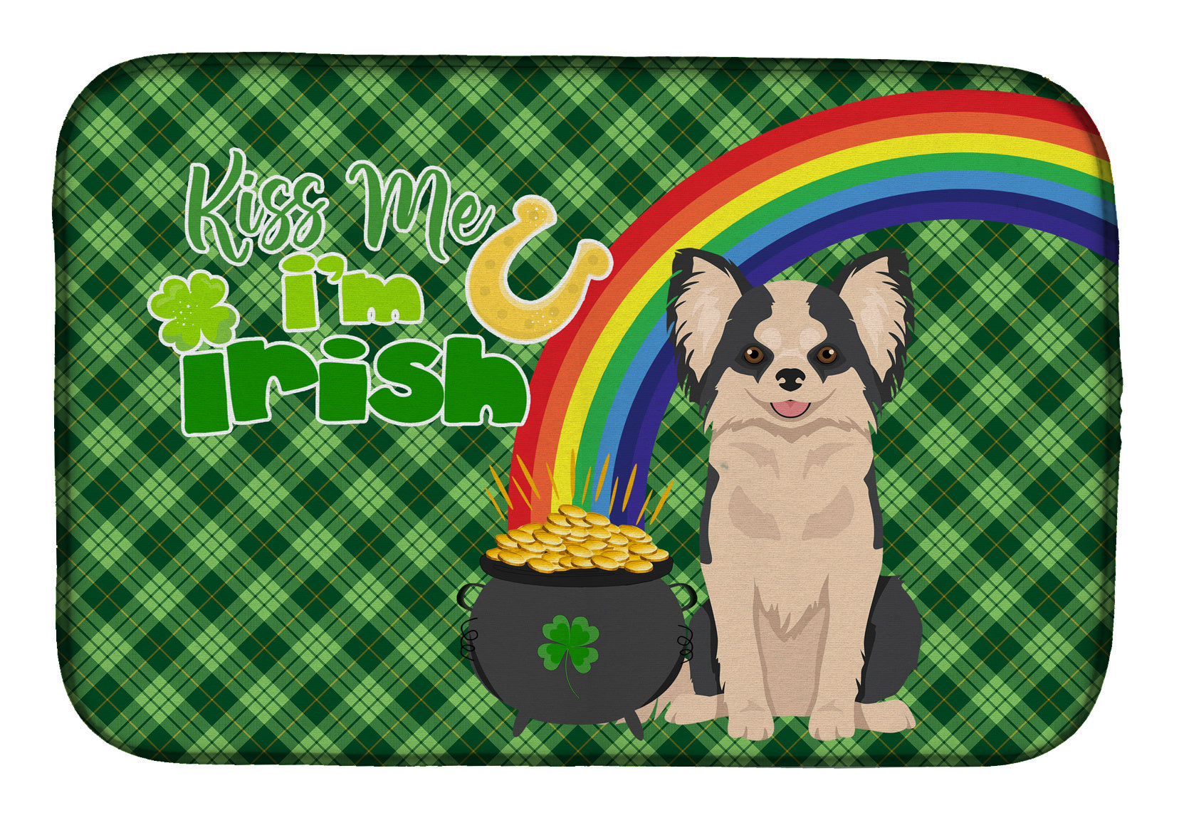 NEW Longhaired Black and White #2 Chihuahua St. Patrick's Day Dish Drying Mat Absorbent Dish Drying Mat Pad for Kitchen Counter Dish Drainer Mat for Countertop, 14 x 21", Multicolor