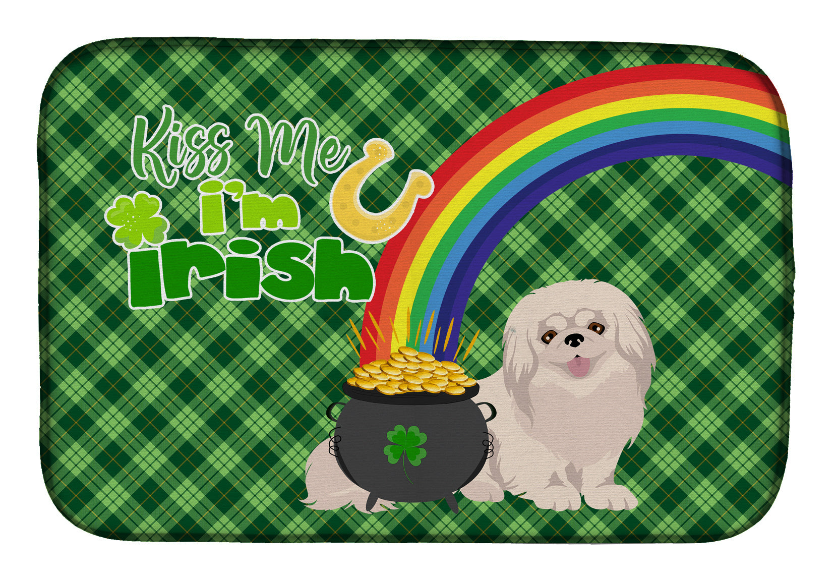 NEW White Pekingese St. Patrick's Day Dish Drying Mat Absorbent Dish Drying Mat Pad for Kitchen Counter Dish Drainer Mat for Countertop, 14 x 21", Multicolor