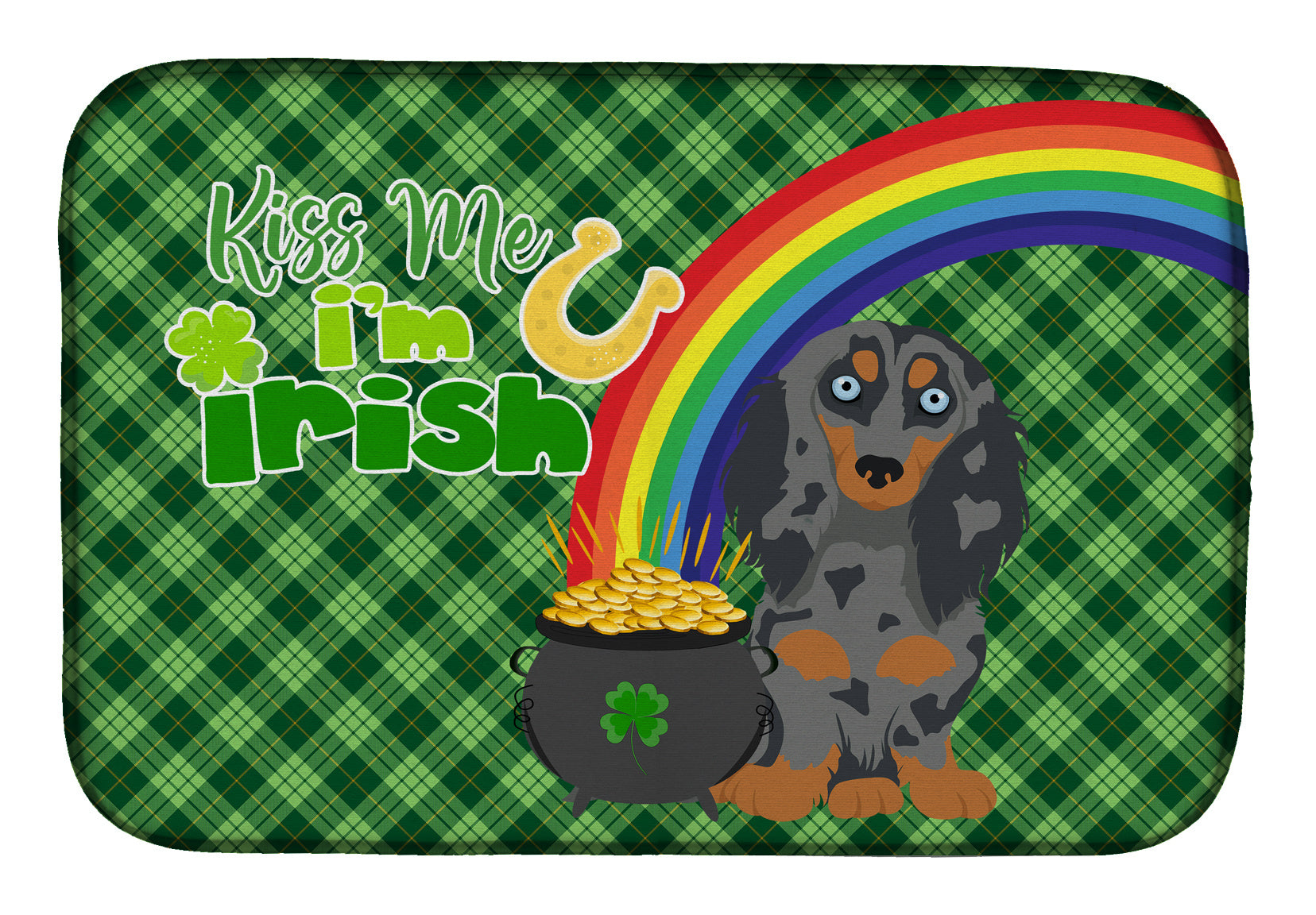 NEW Longhair Blue and Tan Dapple Dachshund St. Patrick's Day Dish Drying Mat Absorbent Dish Drying Mat Pad for Kitchen Counter Dish Drainer Mat for Countertop, 14 x 21", Multicolor