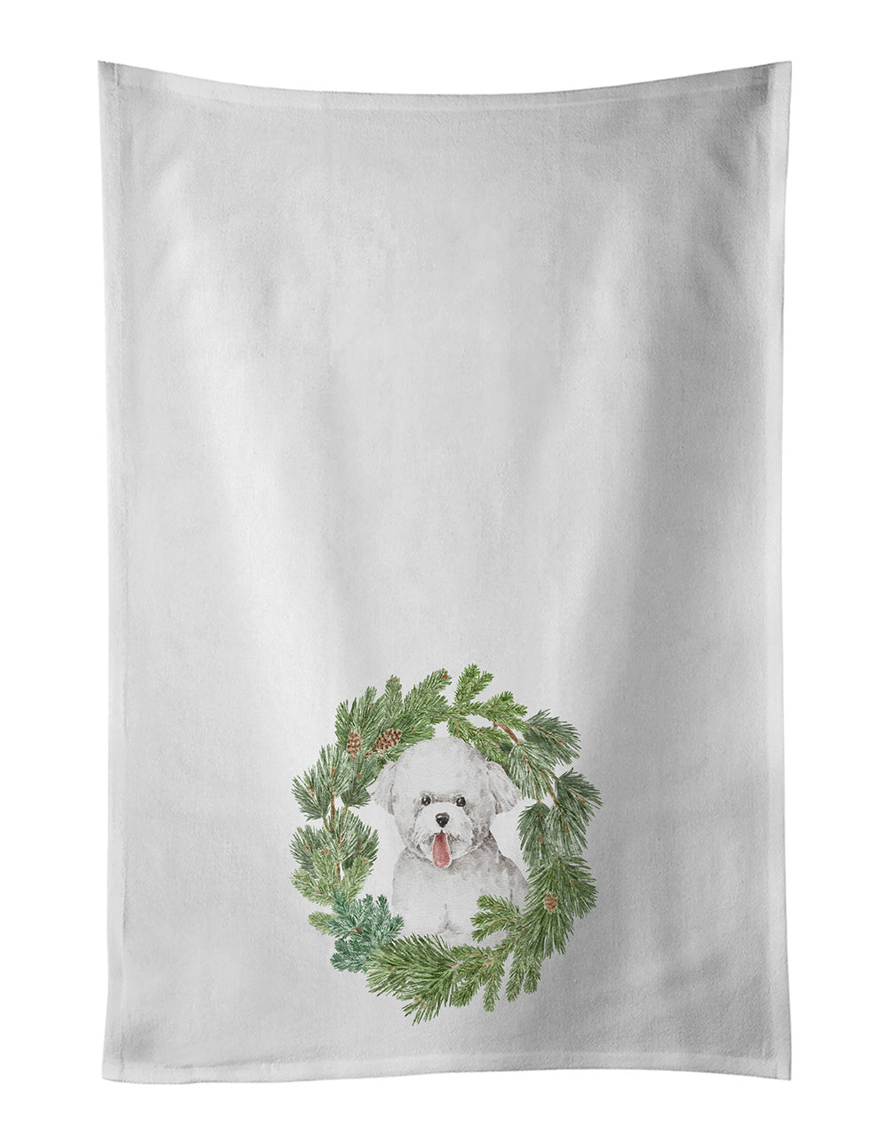 NEW Bichon Frise Tongue Out Christmas Wreath Kitchen Towel Set of 2 White Dish Towels Decorative Bathroom Hand towel for Hand, Face, Hair, Yoga, Tea, Dishcloth, 19 X 28", White