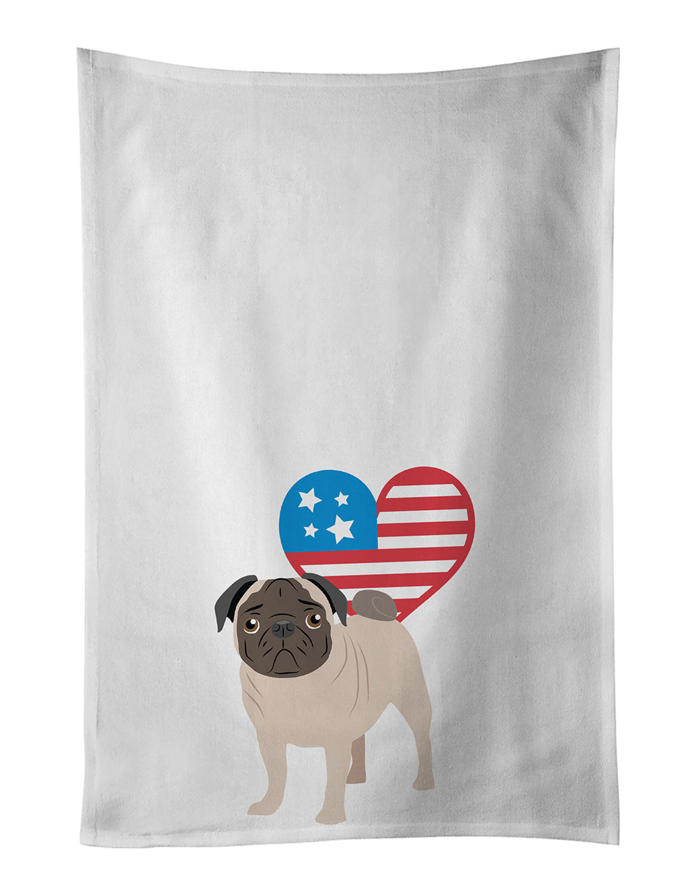 Pug Fawn #4 Patriotic Kitchen Towel Set of 2 White Dish Towels Decorative Bathroom Hand towel for Hand, Face, Hair, Yoga, Tea, Dishcloth, 19 X 28", White