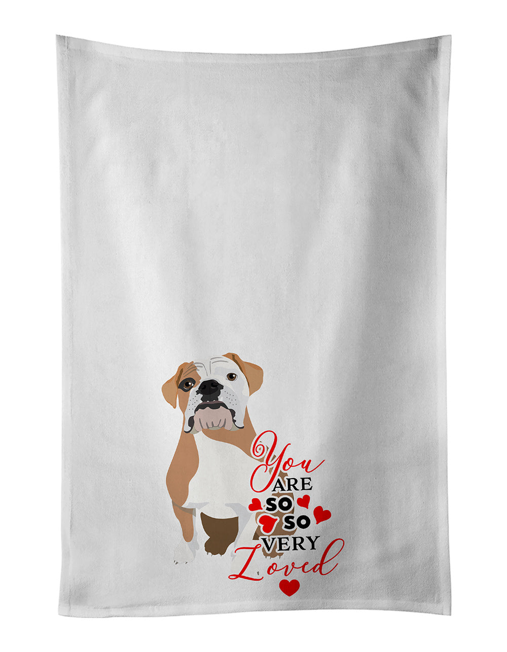 NEW English Bulldog Fawn and White so Loved Kitchen Towel Set of 2 White Dish Towels Decorative Bathroom Hand towel for Hand, Face, Hair, Yoga, Tea, Dishcloth, 19 X 28", White