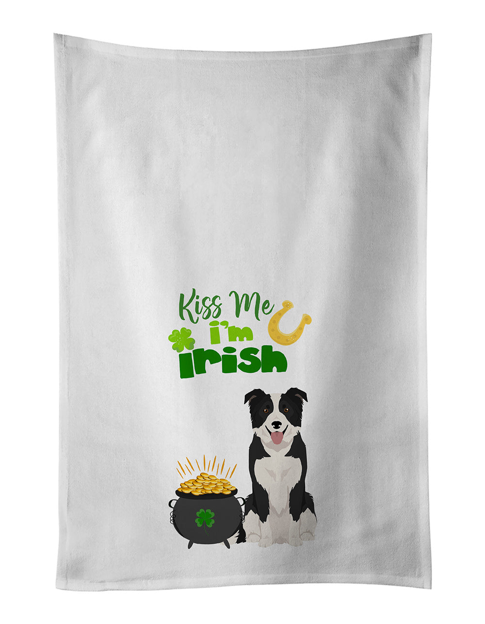 NEW Black and White Border Collie St. Patrick's Day Kitchen Towel Set of 2 White Dish Towels Decorative Bathroom Hand towel for Hand, Face, Hair, Yoga, Tea, Dishcloth, 19 X 28", White