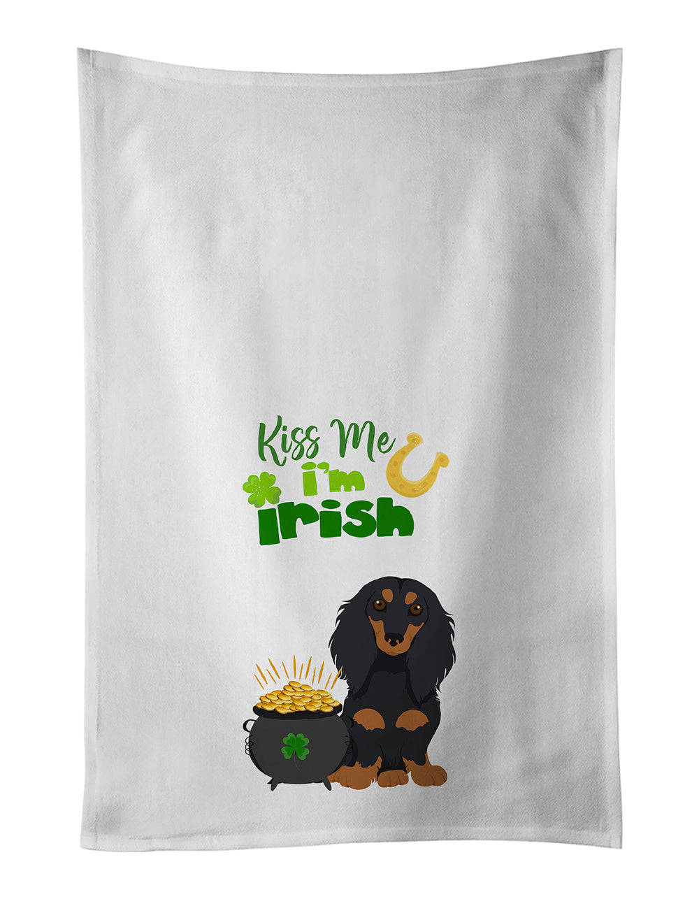 NEW Longhair Black and Tan Dachshund St. Patrick's Day Kitchen Towel Set of 2 White Dish Towels Decorative Bathroom Hand towel for Hand, Face, Hair, Yoga, Tea, Dishcloth, 19 X 28", White