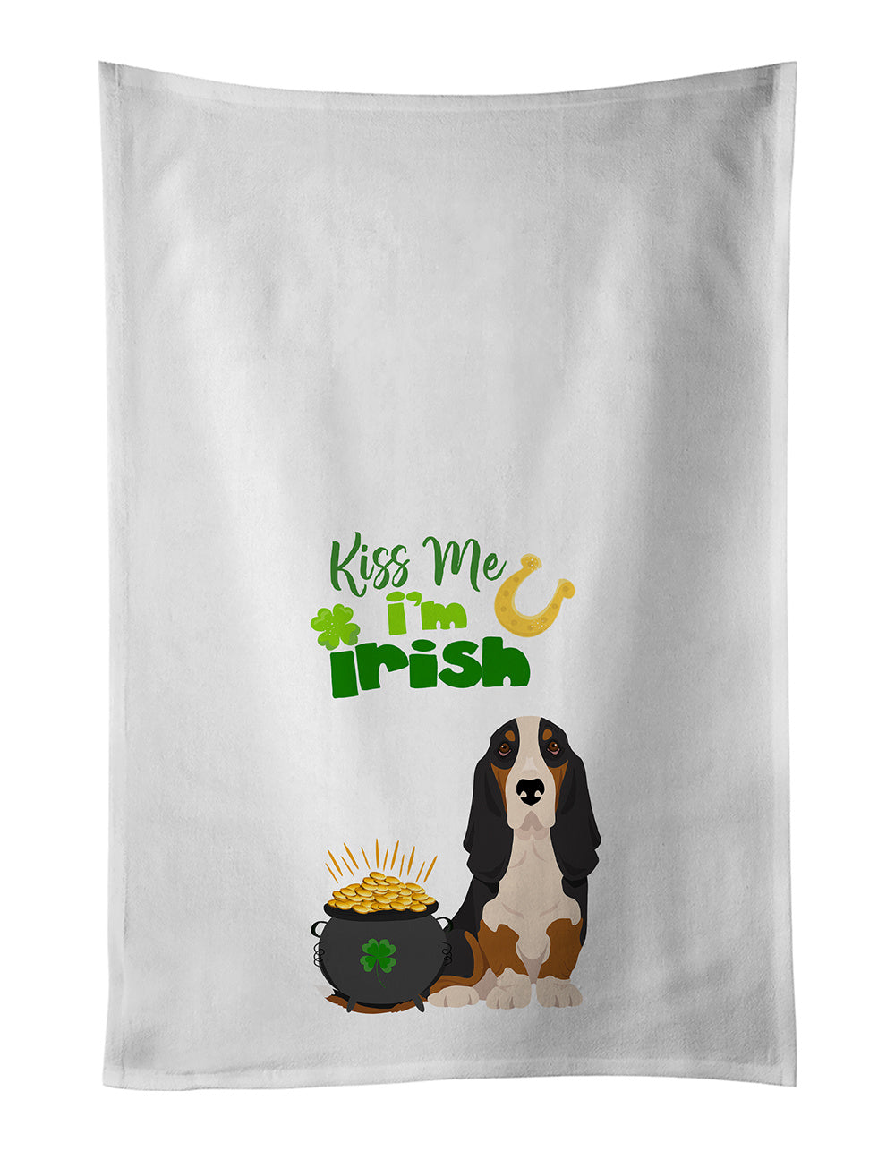 NEW Black Tricolor Basset Hound St. Patrick's Day Kitchen Towel Set of 2 White Dish Towels Decorative Bathroom Hand towel for Hand, Face, Hair, Yoga, Tea, Dishcloth, 19 X 28", White