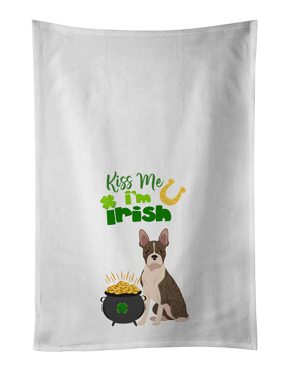 Brindle Boston Terrier St. Patrick's Day Kitchen Towel Set of 2 White Dish Towels Decorative Bathroom Hand towel for Hand, Face, Hair, Yoga, Tea, Dishcloth, 19 X 28", White