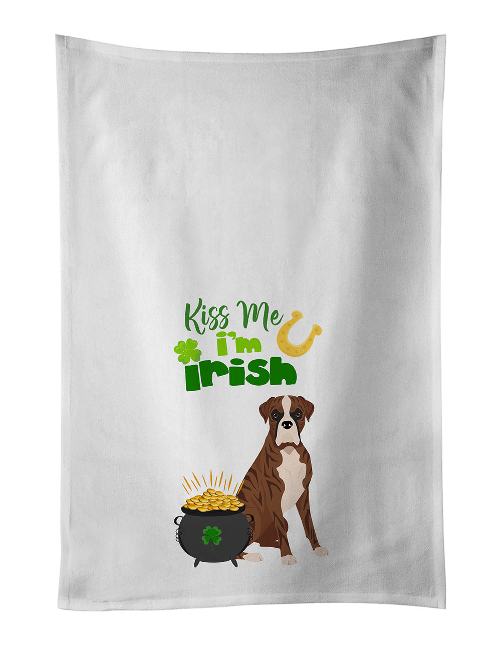 NEW Natural Eared Red Brindle Boxer St. Patrick's Day Kitchen Towel Set of 2 White Dish Towels Decorative Bathroom Hand towel for Hand, Face, Hair, Yoga, Tea, Dishcloth, 19 X 28", White