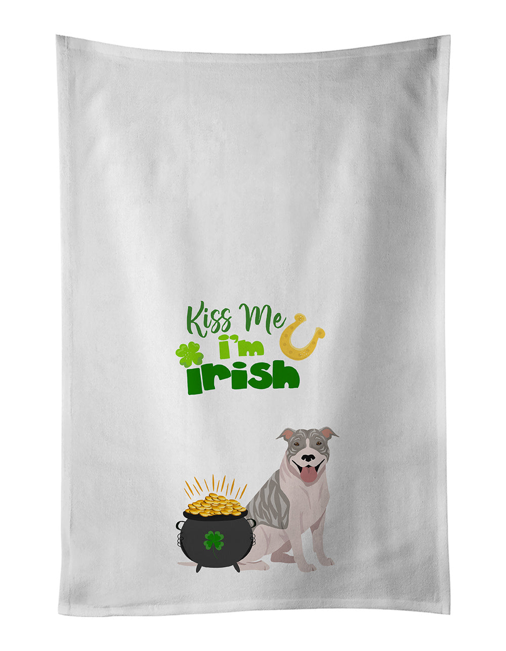 NEW Blue Brindle Pit Bull Terrier St. Patrick's Day Kitchen Towel Set of 2 White Dish Towels Decorative Bathroom Hand towel for Hand, Face, Hair, Yoga, Tea, Dishcloth, 19 X 28", White