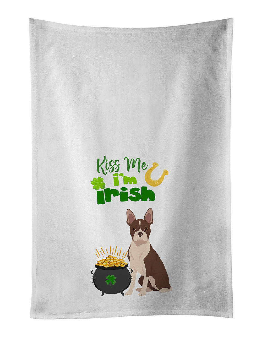 NEW Red Boston Terrier St. Patrick's Day Kitchen Towel Set of 2 White Dish Towels Decorative Bathroom Hand towel for Hand, Face, Hair, Yoga, Tea, Dishcloth, 19 X 28", White