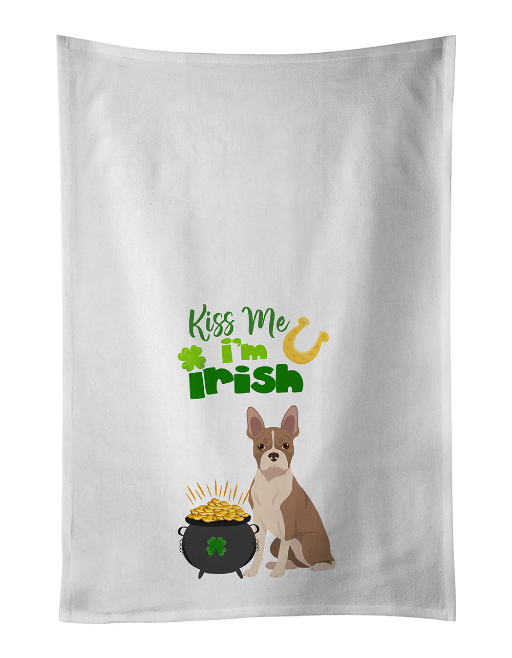 NEW Fawn Boston Terrier St. Patrick's Day Kitchen Towel Set of 2 White Dish Towels Decorative Bathroom Hand towel for Hand, Face, Hair, Yoga, Tea, Dishcloth, 19 X 28", White