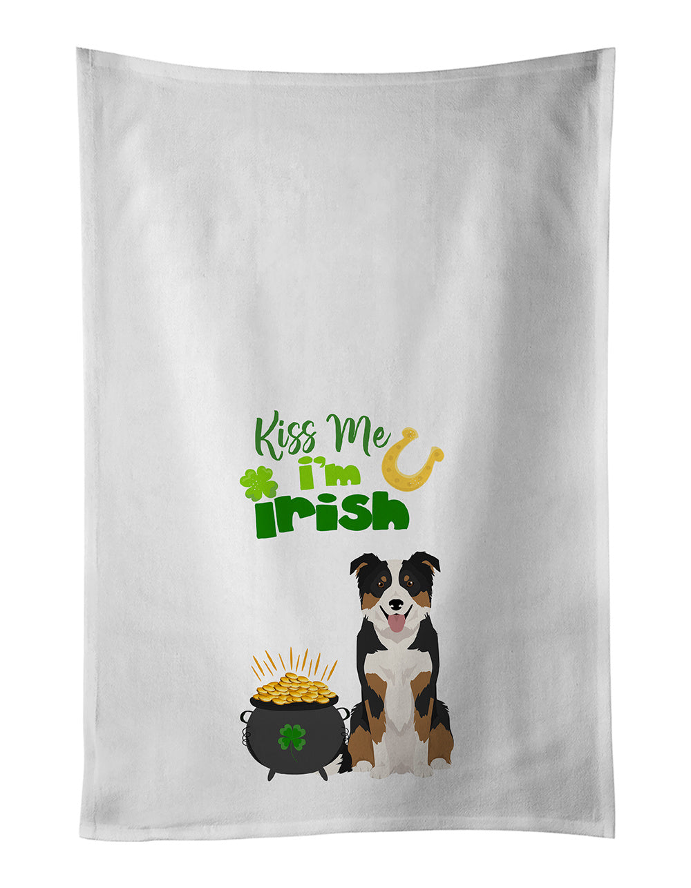 NEW Tricolor Border Collie St. Patrick's Day Kitchen Towel Set of 2 White Dish Towels Decorative Bathroom Hand towel for Hand, Face, Hair, Yoga, Tea, Dishcloth, 19 X 28", White