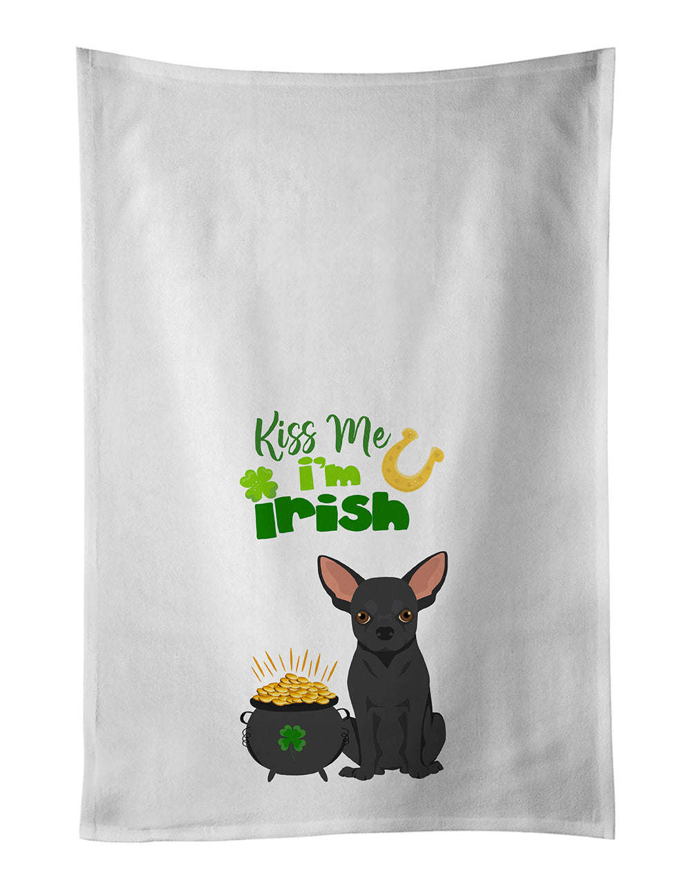 NEW Black Chihuahua St. Patrick's Day Kitchen Towel Set of 2 White Dish Towels Decorative Bathroom Hand towel for Hand, Face, Hair, Yoga, Tea, Dishcloth, 19 X 28", White