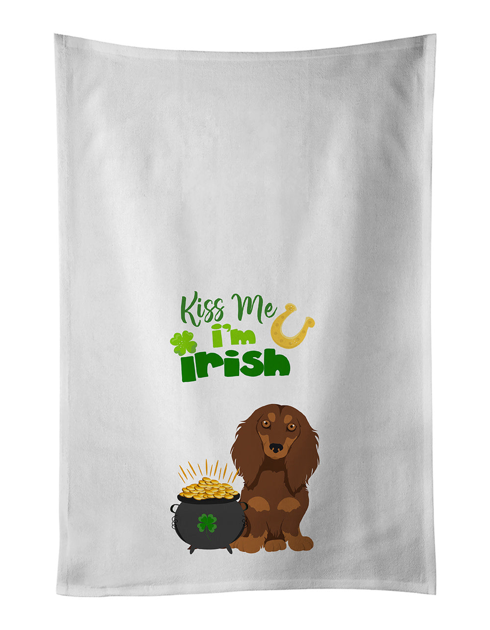 NEW Longhair Chocolate and Tan Dachshund St. Patrick's Day Kitchen Towel Set of 2 White Dish Towels Decorative Bathroom Hand towel for Hand, Face, Hair, Yoga, Tea, Dishcloth, 19 X 28", White