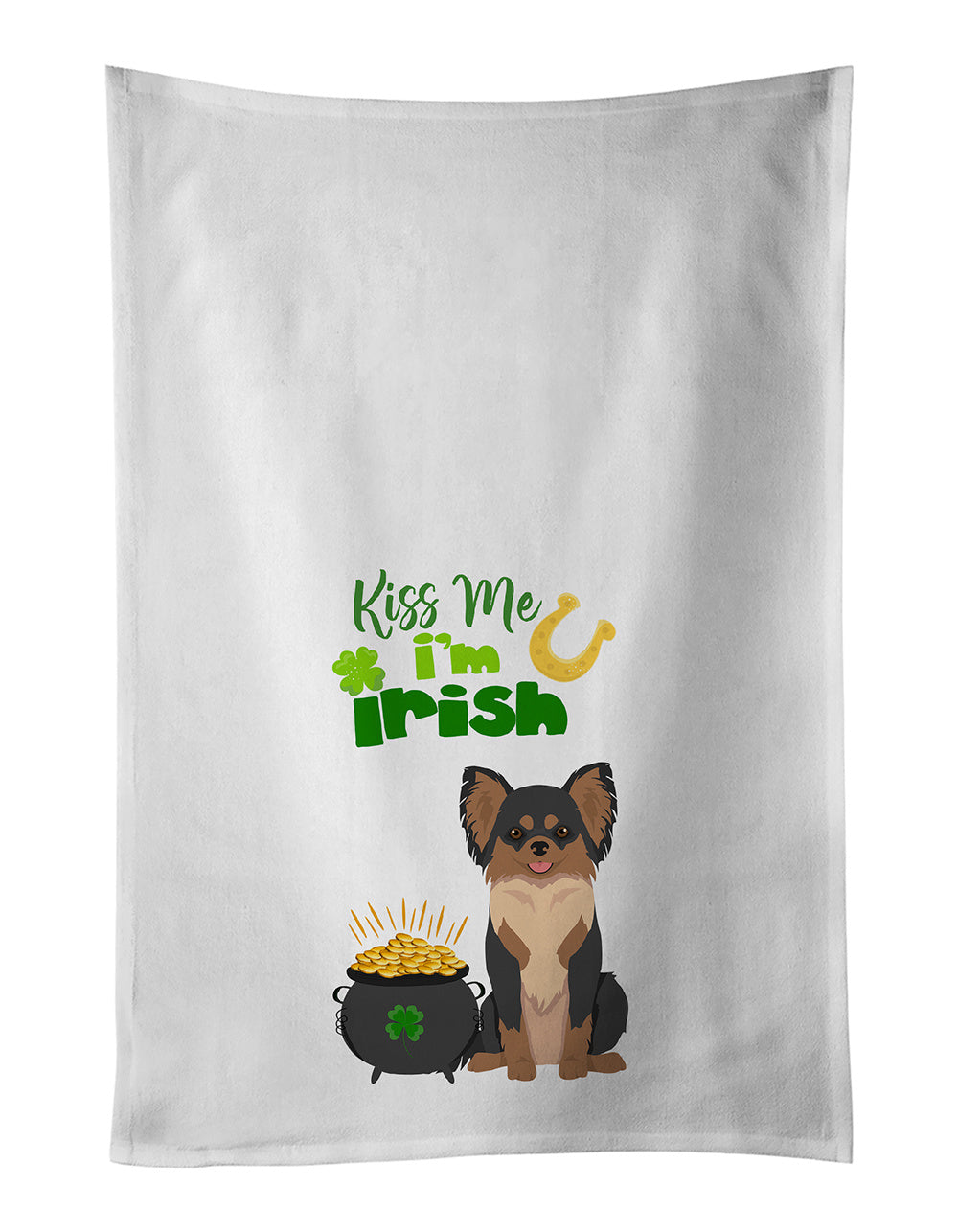 NEW Longhaired Black and Tan Chihuahua St. Patrick's Day Kitchen Towel Set of 2 White Dish Towels Decorative Bathroom Hand towel for Hand, Face, Hair, Yoga, Tea, Dishcloth, 19 X 28", White